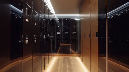 Luxury secure lockers with biometric authentication in a premium office environment.の素材