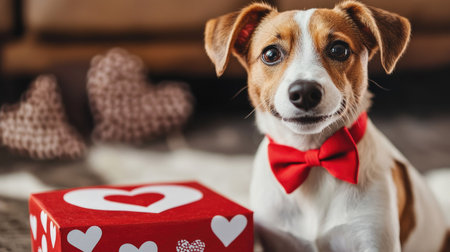 Happy dog wearing a red bow tie and posing next to a Valentine-themed gift box.の素材