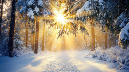 Frosty pine needles covered with snow, backlit by a radiant beam of sunlight.の素材