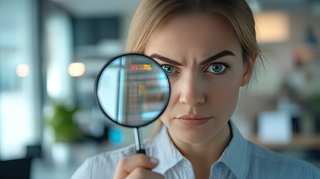 Female entrepreneur reviewing stock performance data using a magnifying glass in a bright, modern office.の素材