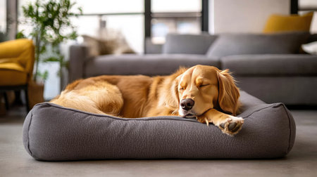 Fluffy dog lying soundly asleep on a soft, comfortable dog bed pillow in a cozy living room.の素材