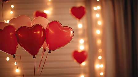 Heart-shaped balloons framing a cozy Valentine photo booth with soft lighting and romantic decor.の素材