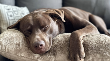 Dog snuggling into a plush dog bed pillow, fast asleep and looking completely at ease.の素材