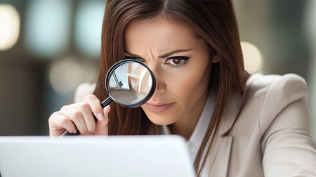 Female professional wearing business attire, using a magnifying glass to assess stock reports on a laptop.の素材