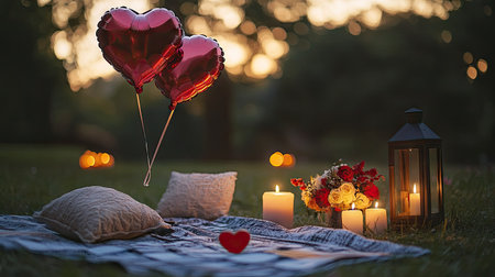 Floating heart balloons in a romantic Valentine's Day outdoor picnic setup with candles and flowers.の素材