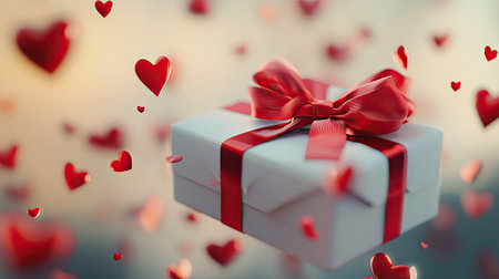 Gift box wrapped in white paper and tied with a red bow, surrounded by floating red hearts.の素材