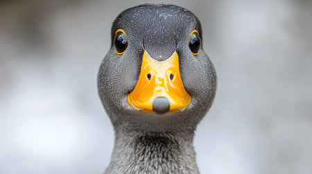 Duck with a glossy yellow beak and round eyes, isolated on a simple white background.の素材