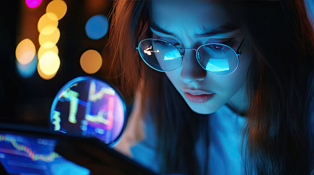 Focused businesswoman with glasses using a magnifying glass to assess the stock market on a tablet screen.の素材