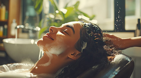 Happy woman reclining as a hairstylist washes her hair with soothing shampoo in a bright salon.の素材