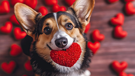 Happy dog holding a heart-shaped chew toy in its mouth, surrounded by red decorations.の素材