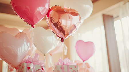Heart-shaped balloons tied to small gift boxes, ready for Valentine's Day surprises.の素材