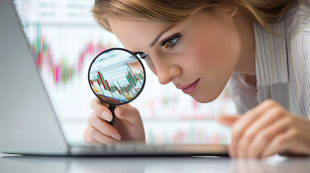 Female investor using a magnifying glass to scrutinize stock trends and market reports on a laptop.の素材