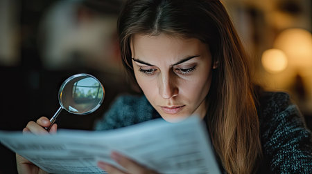Focused woman using a magnifying glass to analyze detailed stock market statistics on a tablet in her office.の素材