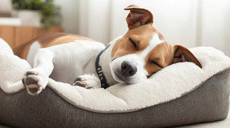 Happy dog sleeping soundly on a luxurious dog bed pillow, surrounded by a calm and serene atmosphere.の素材