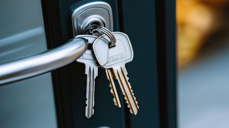 Keyring with several keys placed on the surface of a security door, symbolizing security measures.の素材