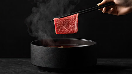 Hand holding chopsticks with a slice of beef poised above a shabu pot, ready to immerse into flavorful broth.の素材