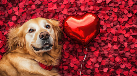 Golden retriever lying on a blanket of rose petals with a red heart balloon tied to its collar.の素材
