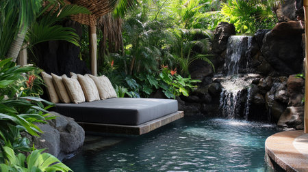 Luxurious outdoor lounging bed by the pool, surrounded by tropical plants and peaceful water, perfect for unwinding.の素材