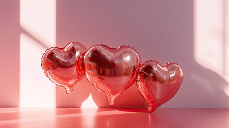 Metallic heart-shaped balloons in shades of red and pink reflecting light in a minimalist studio setting.の素材