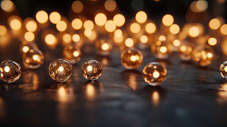 Golden and white bokeh lights scattered like glowing orbs on a peaceful night background.の素材