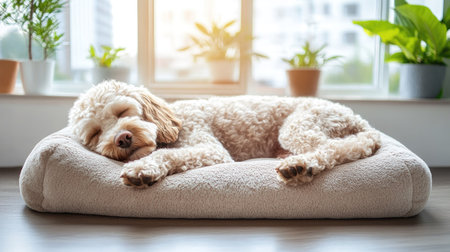 Fluffy dog lying on its side, peacefully sleeping on a cozy dog bed pillow in a sunlit room.の素材