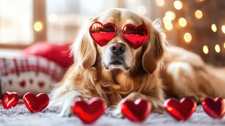 Golden retriever with heart-shaped sunglasses, surrounded by romantic Valentine props.の素材