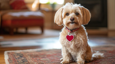 Lovely dog sitting on a cozy rug with a heart-shaped tag on its collar, celebrating Valentine's Day.の素材