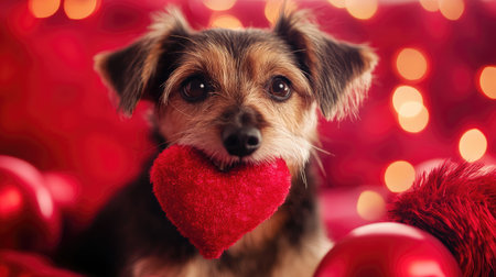 Happy dog holding a heart-shaped chew toy in its mouth, surrounded by red decorations.の素材