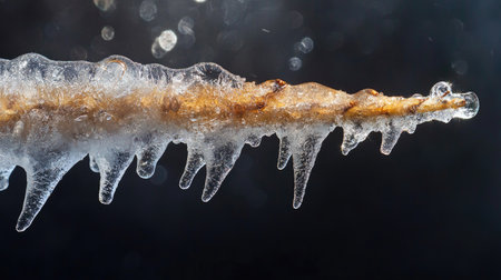 Icicle-covered pine branch with a snow cap, sparkling as sunlight catches its edges.の素材