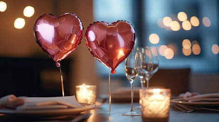 Metallic pink heart balloons floating above a romantic candlelit dinner for two.の素材