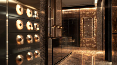 High-end secure lockers in a luxury hotel, with a polished design and advanced locking technology.の素材