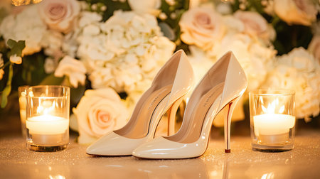 Glamorous ivory high heel wedding shoes on a plush surface, surrounded by soft candlelight and flowers.の素材