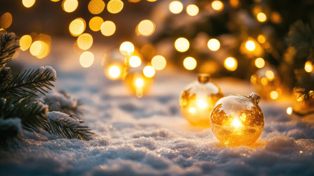 Golden and white bokeh lights scattered like glowing orbs on a peaceful night background.の素材
