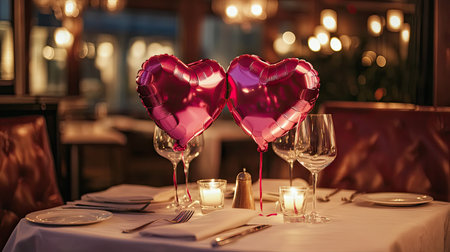 Metallic pink heart balloons floating above a romantic candlelit dinner for two.の素材