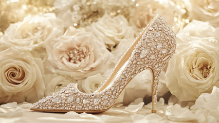 High heel wedding shoes with elegant crystal embellishments, set against a backdrop of soft white roses.の素材