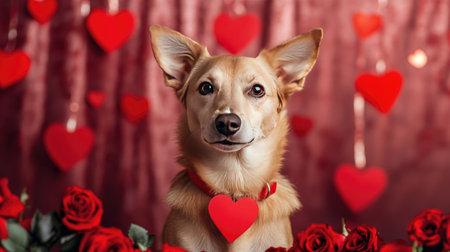Lovely dog sitting in a Valentine-themed photo booth with red roses and heart garlands.の素材