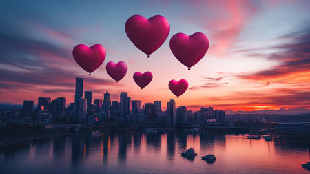 Heart-shaped balloons rising above a city skyline at twilight, celebrating love in the air.の素材