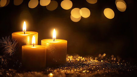 Golden bokeh light clusters creating a sense of warmth and intimacy on a dark background.の素材