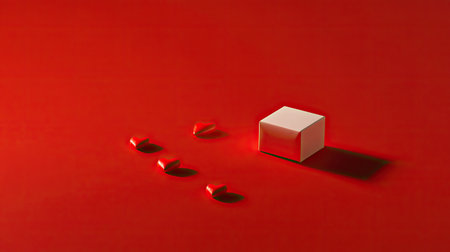 Minimalistic arrangement of a single gift box and red hearts on a vibrant red background.の素材