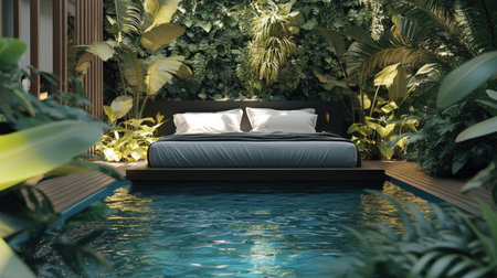 Luxury bed beside a serene swimming pool, surrounded by tropical plants, perfect for ultimate relaxation.の素材