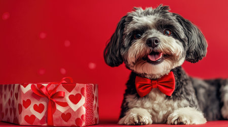 Happy dog wearing a red bow tie and posing next to a Valentine-themed gift box.の素材