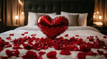 Heart-shaped air balloons arranged around a bed covered with rose petals for Valentine's Day.の素材