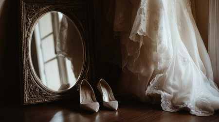 High heel wedding shoes with subtle glitter details placed next to a bridal gown and a decorative mirror.の素材