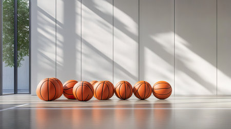 A stack of basketballs lined up beside the court, ready for practice in a modern gymnasium.の素材