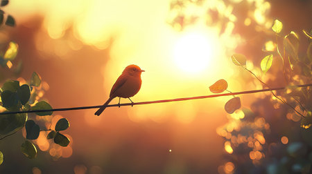 A bird perched on an electric wire during sunrise, with golden light casting soft shadowsの素材