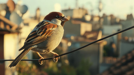 A close-up of a sparrow perched on a wire, with a blurred background of rooftops and antennasの素材