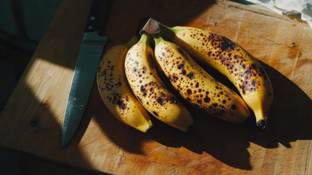 A bunch of overripe bananas with dark spots on the peel, sitting next to a cutting board with a knifeの素材