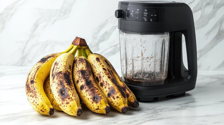 A bunch of overripe bananas with dark spots on the peel, placed next to a blender for making smoothiesの素材