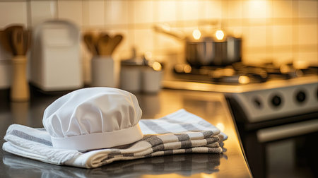 A close-up of a white chef hat on a counter, with clean kitchen towels and a gleaming stovetop in the backgroundの素材