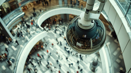 A CCTV camera installed in the corner of a busy shopping mall, watching over shoppers and ensuring safetyの素材